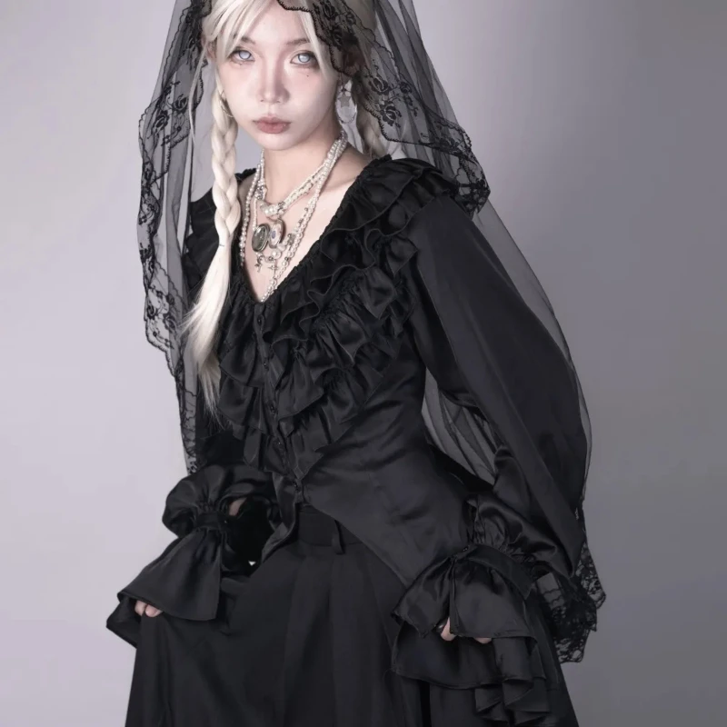 

Винтажные викторианские рубашки в стиле Лолиты, женские элегантные готические многослойные блузки с оборками и v-образным вырезом, расклешенные рукава, женские топы Y2k, милые топы для девочек, Blusas