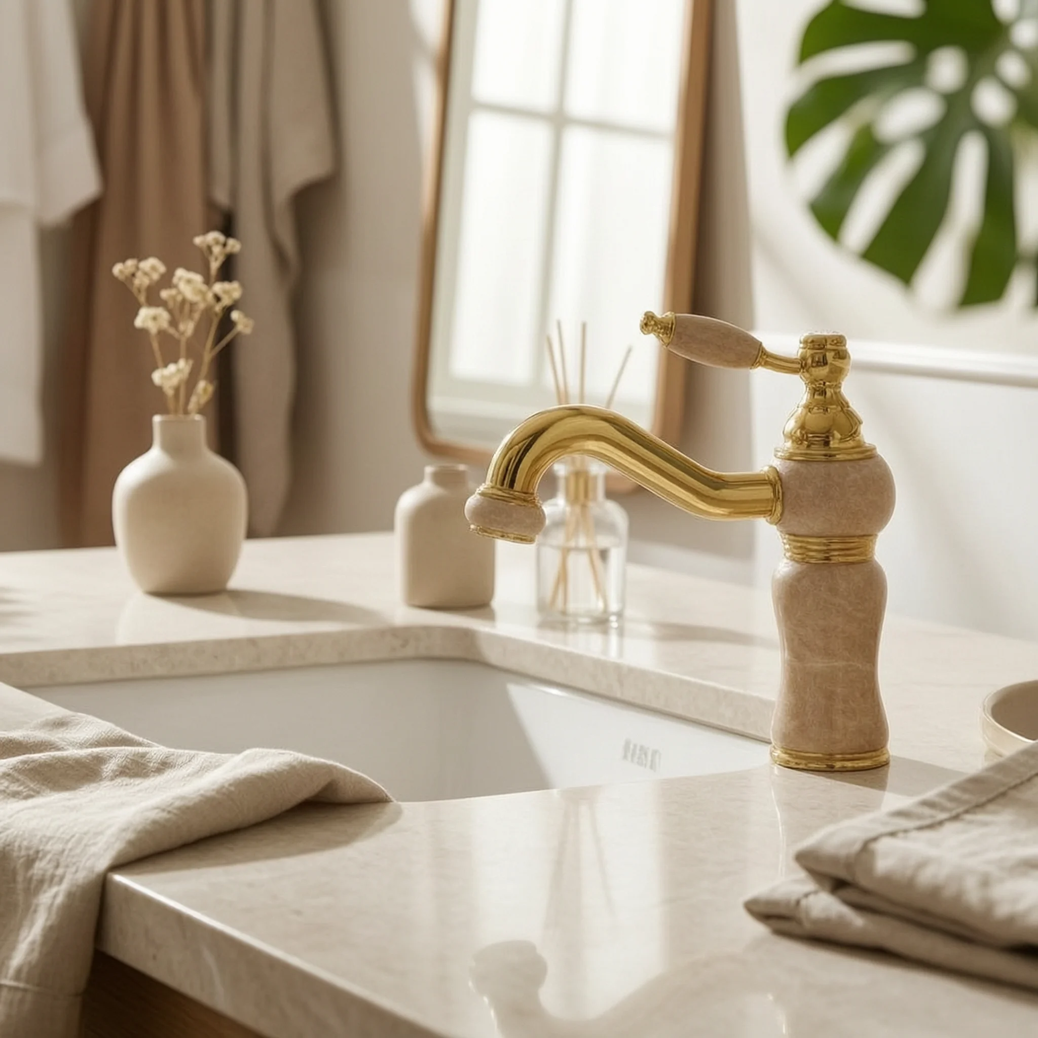 Faucet with Rotating Outlet Marble Textured Gooseneck Faucet Basin Tap Swivel 360 Degree Rotation for Bathroom, Powder Room