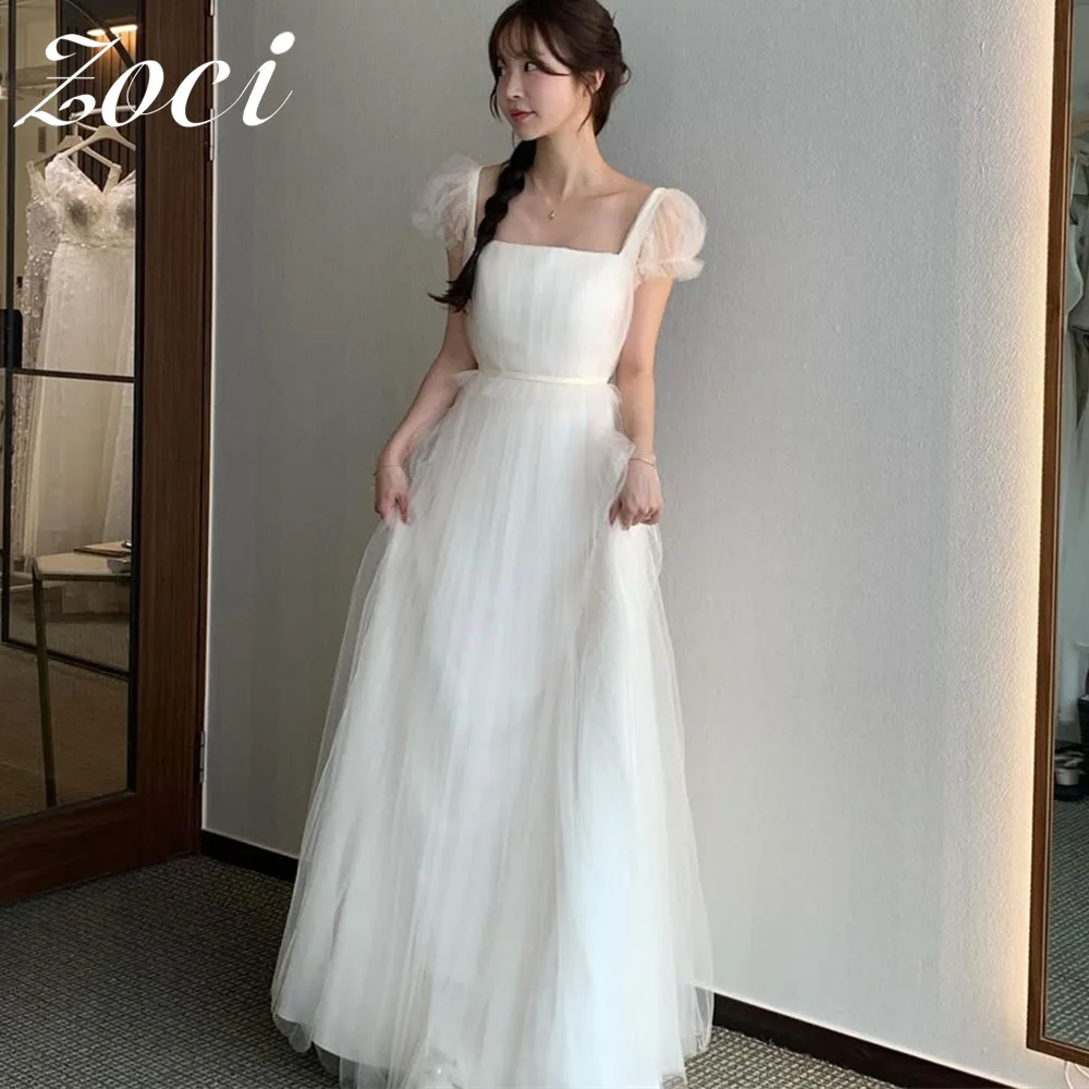 

Zoci Square Collar Puff Short Sleeves Wedding Reception Dresses Photo Shoot Dresses Customized Korea Evening Party Dresses