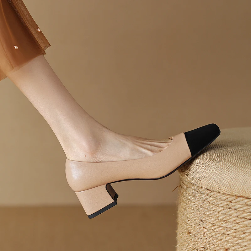 Women Pumps Shoes Genuine Leather 5cm Heels Elegant Fashion Concise High Quality Lady Shoes  Square Toe HIgh Thick Heel A124