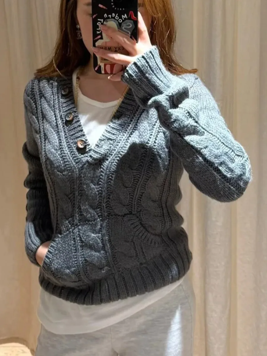 

Винтажный серый свитер с капюшоном и витым цветком, женский пуловер на пуговицах с длинными рукавами и карманами, джемперы, осенний вязаный свитшот в консервативном стиле