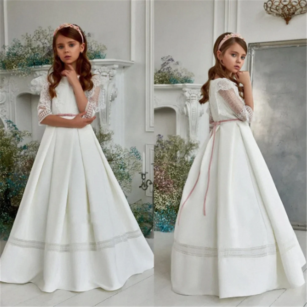 White Flower Girl Dress For Wedding Boho Satin Half Sleeve Lace Puffy Kids Birthday GIFT Party Ball First Communion Downs