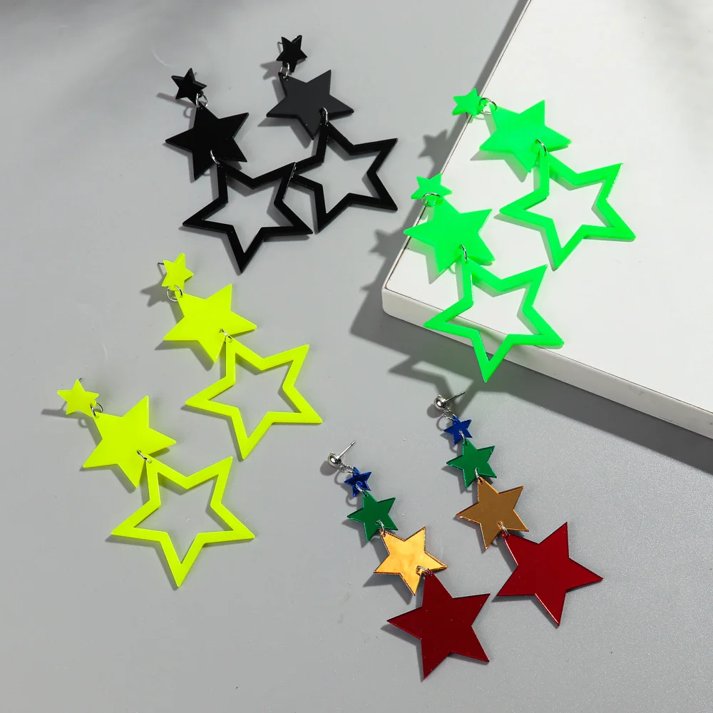Punk Neon Color Star Acrylic Dangle Earrings For Women Hollow Geometric Pentagram Long Drop Earrings Fashion Jewelry Gifts