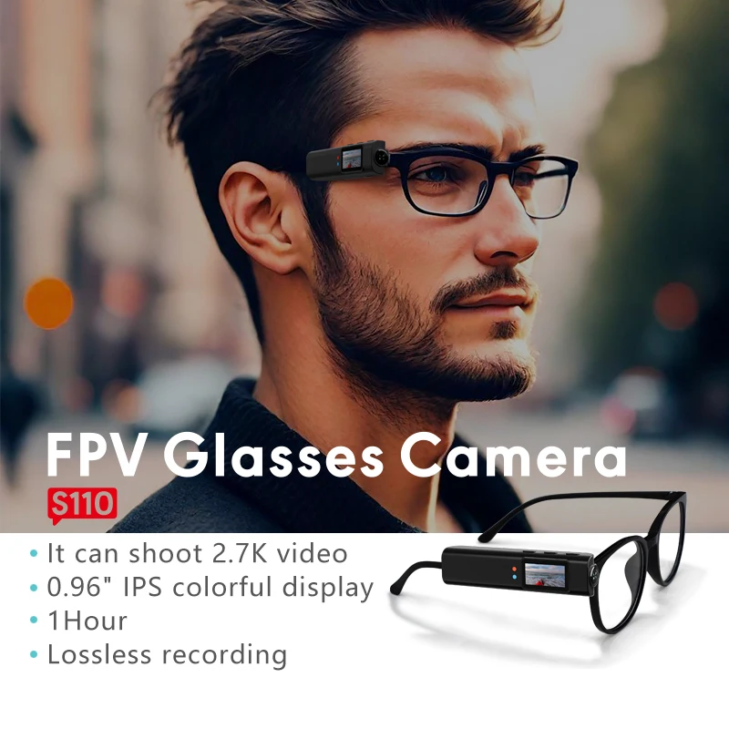 2.7K HD FPV แว่นตากล้องสวมใส่ WiFi กล้องวิดีโอ 110 ° เลนส์มุมกว้างป้องกันการสั่นไหวแบตเตอรี่ในตัว APP ควบคุมกล้อง FPV