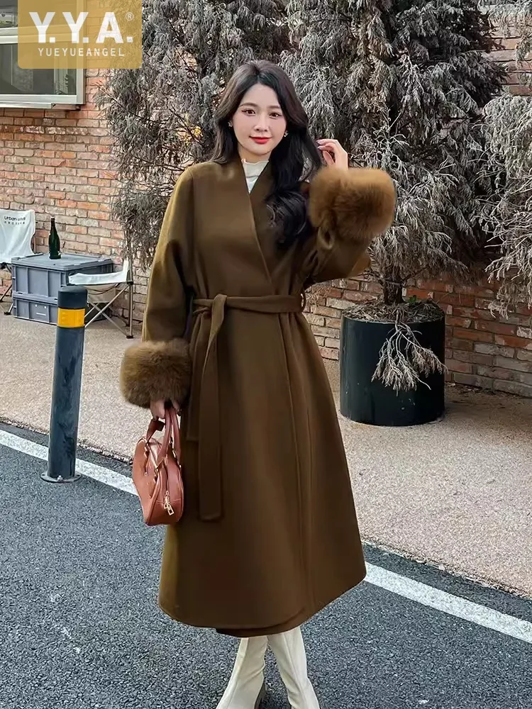 New Office Ladies Elegant Wool Coat V-Neck Autumn Winter Outerwear Belt Vintage Women Long Jacket Solid Color Fashion Overcoat