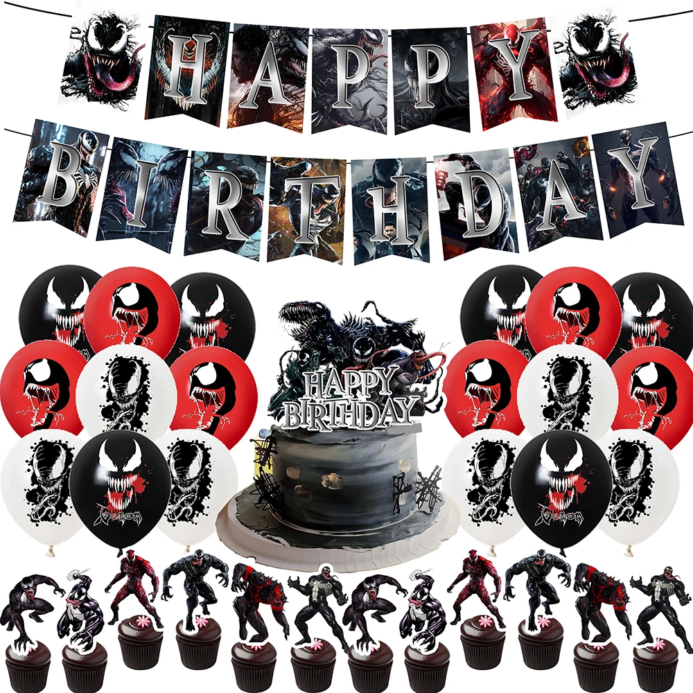 Hot movie Venom The Last Dance Birthday Party dinnerware Banner Cake Disposable Hanging Flag Venom Balloons Birthday Decoration