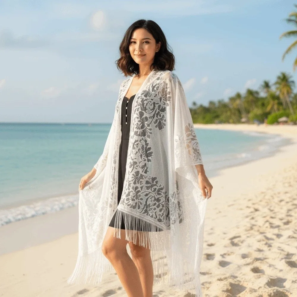 

Breathable Lace Hollow Flower Shawl Sunscreen with Tassel Sunshade Thin Large Scarf Lightweight Long Seaside Vacation Cloak