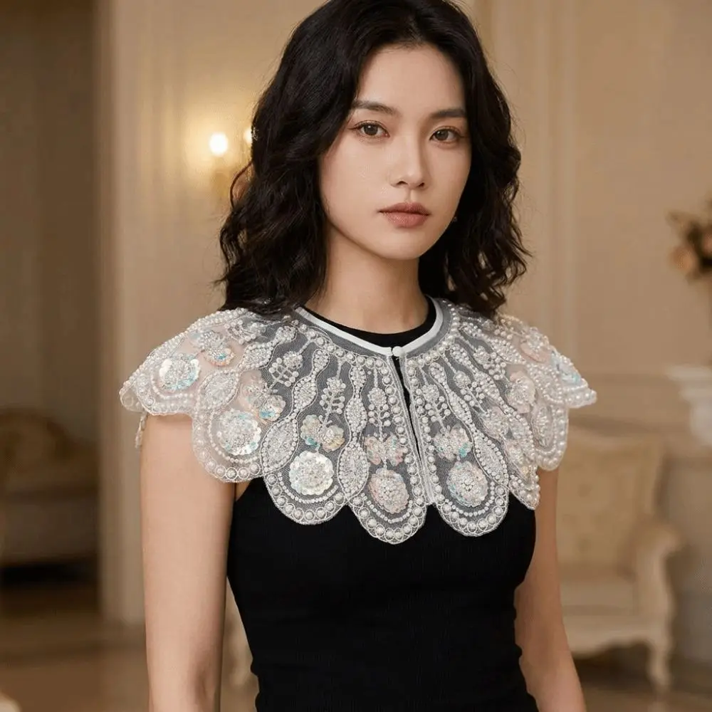 Detachable False Collar Beaded Design Embroidered Pattern Mesh Shawl Collar Lace Texture Sequined Embellishment Flapper Shawl