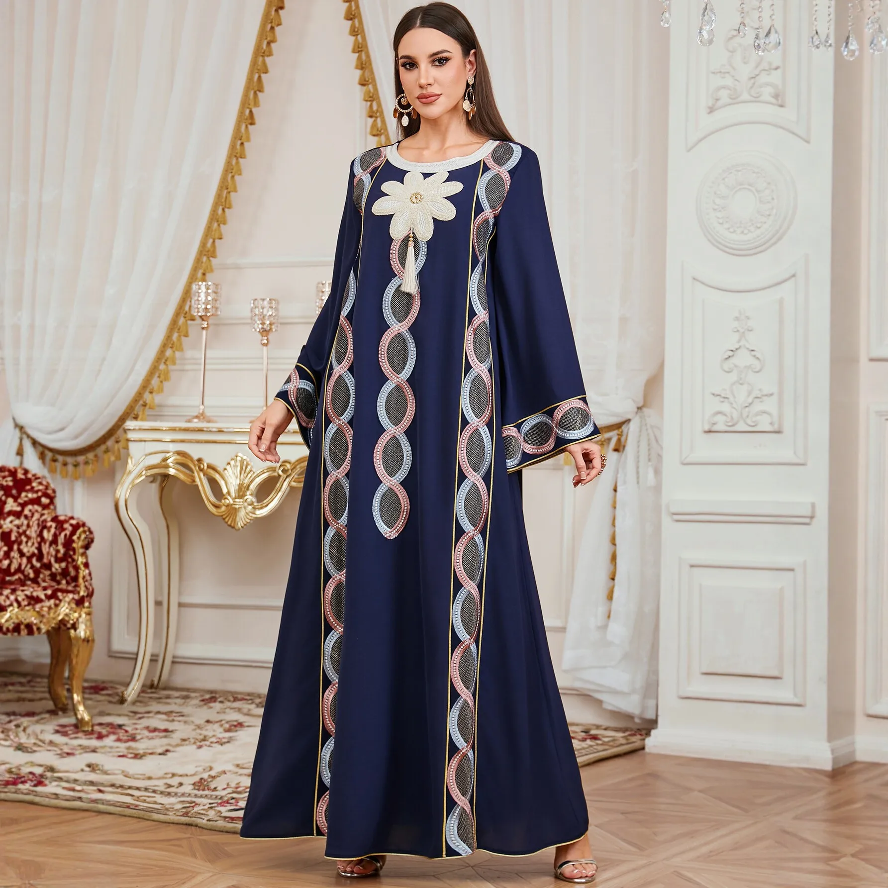 

Morocco Muslim Women Embroidered Abaya Dresses Tassels for Dubai Ramadan Loose Arabic Robe Jalabiya Kaftan Turkish Party Gown