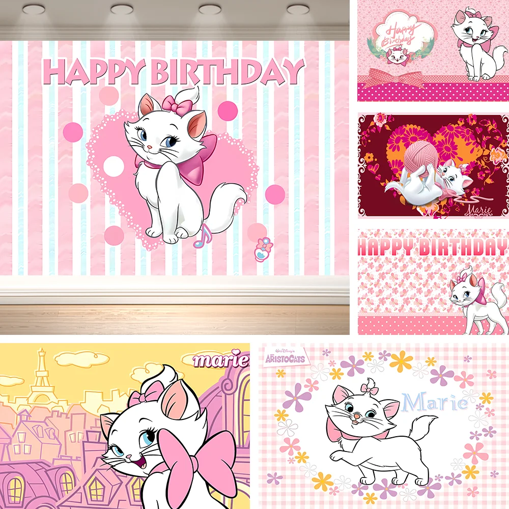 Dewprint Pink M- Marie White Cat Happy Birthday Backdrop, Bannière de fond pour photomaton sur le thème des filles Sweet Heart pour fête d'anniversair