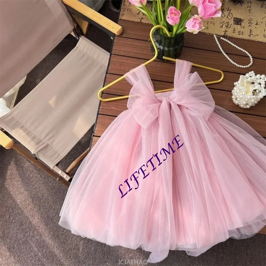 Customized Pink Girls Birthday Princess Dress Children Clothes Costume Bow Tutu Gown Piano Recital Pageant Outfit Kids Party Clo