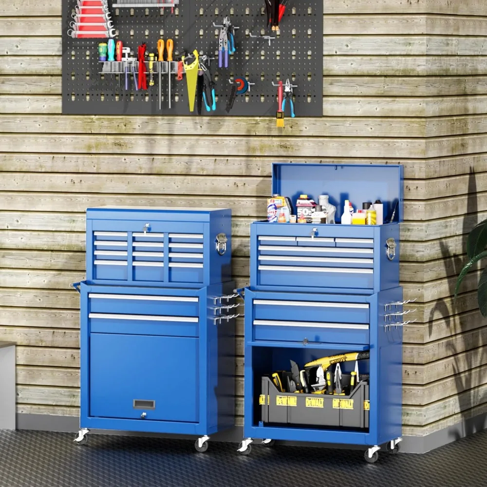 Cómoda grande para herramientas rodante de 42 pulgadas con 8 cajones, caja superior desmontable, mecanismo de bloqueo, carrito de metal para almacenamiento y organización