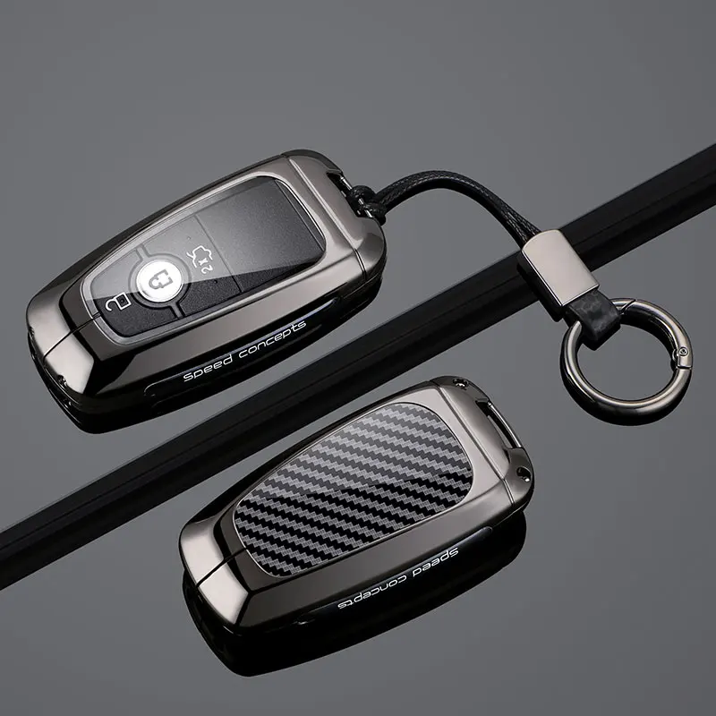 Zinc Alloy Carbon Fiber Car Key Case Cover Keychain For Bag Ford Escape F150 Explorer Kuga Edge Bronco Sport Ecosport Mustang