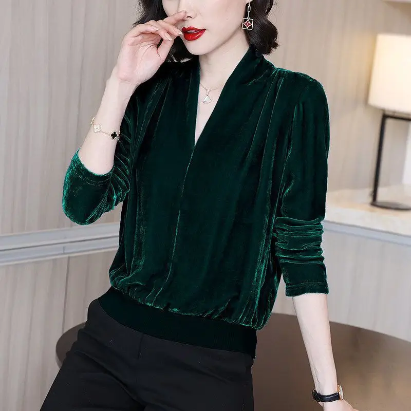 Autumn Winter Women Shirts Golden Velvet Thicken V-Neck Solid Pleated Fashion Elegant Long Sleeve Pullovers Bottoming Shirt Tops