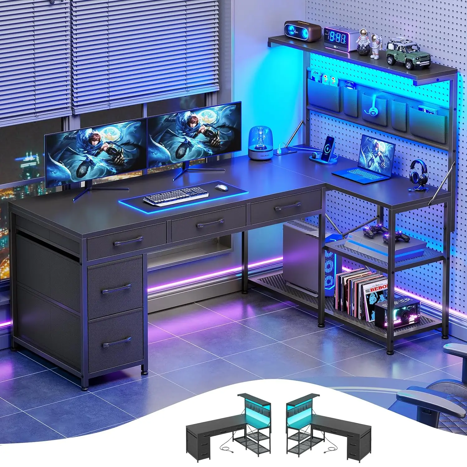 L Shaped Desk with 5 Drawers & Shelves, Reversible Desk with Bookshelf, Corner Desk with LED Lights & Power Outlets, Customized