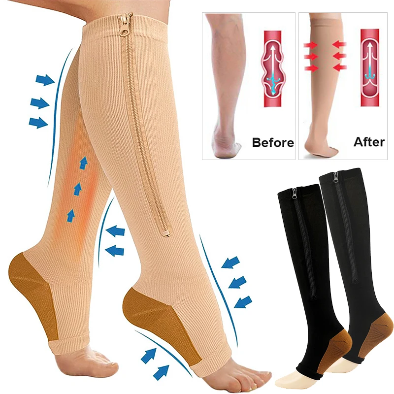 1 Pairs Zipper Compression Socks for Women Men 15-20 mmHg Closed Toe Knee High Support Sock