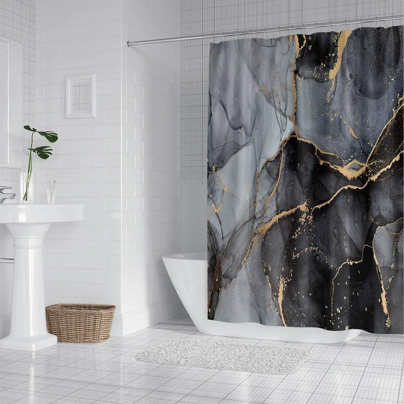 1 piece of 180x180cm gray marble pattern printed shower curtain with hook, waterproof and mold resistant partition