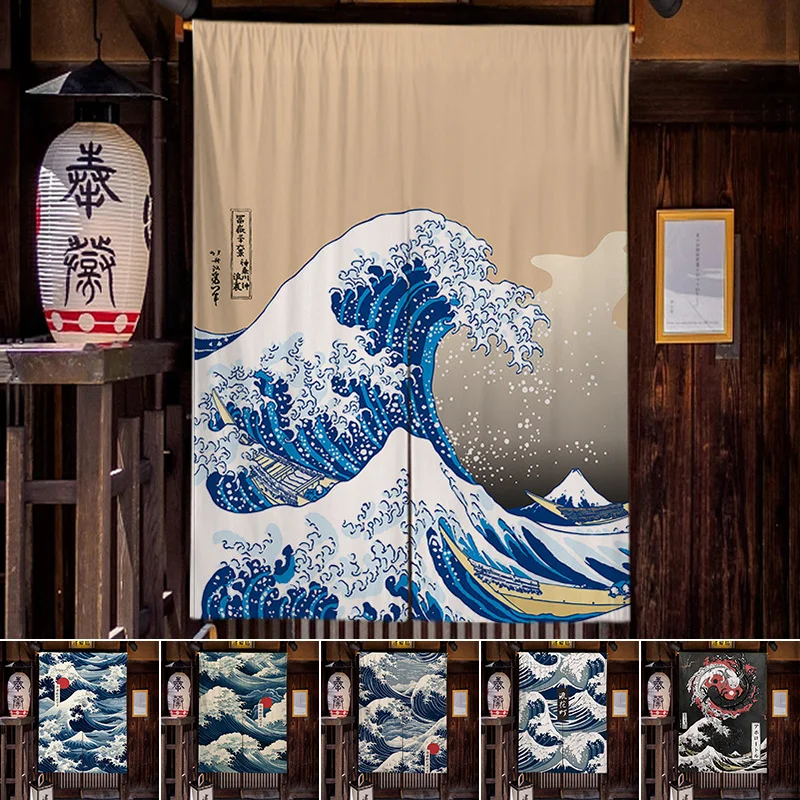 Japanese Linen Half Door Curtain Ukiyo-e Style Sushi Izakaya Bar Decor Short Curtains Kitchen Partition Hanging Flag Curtain