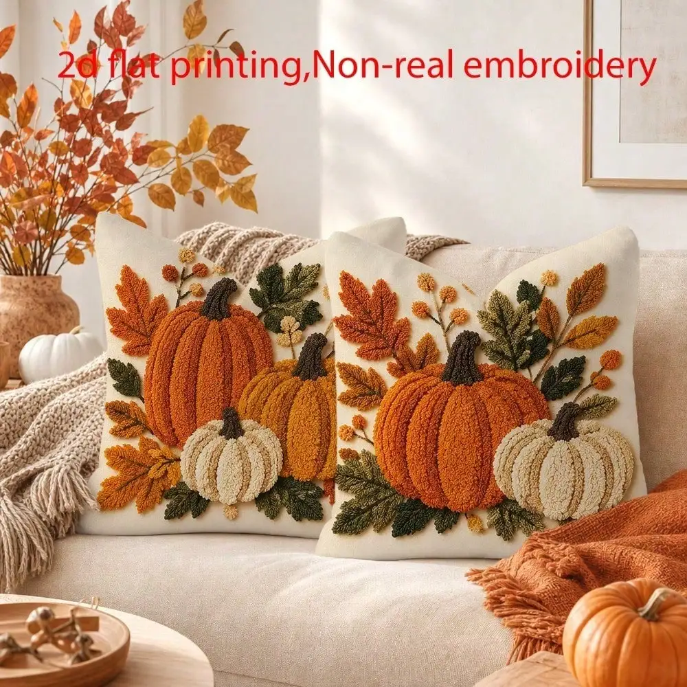 2pcs Country Rustic Fall Throw Pillow Covers Suitable For Thanksgiving, Pumpkin Cushion Covers With Zipper Closure, Farmhouse Decor For Sofa Bed Living Room, 16x16/18x18/20x20in, Non-Embroidery Pumpkin (No Inserts), 2D Flat