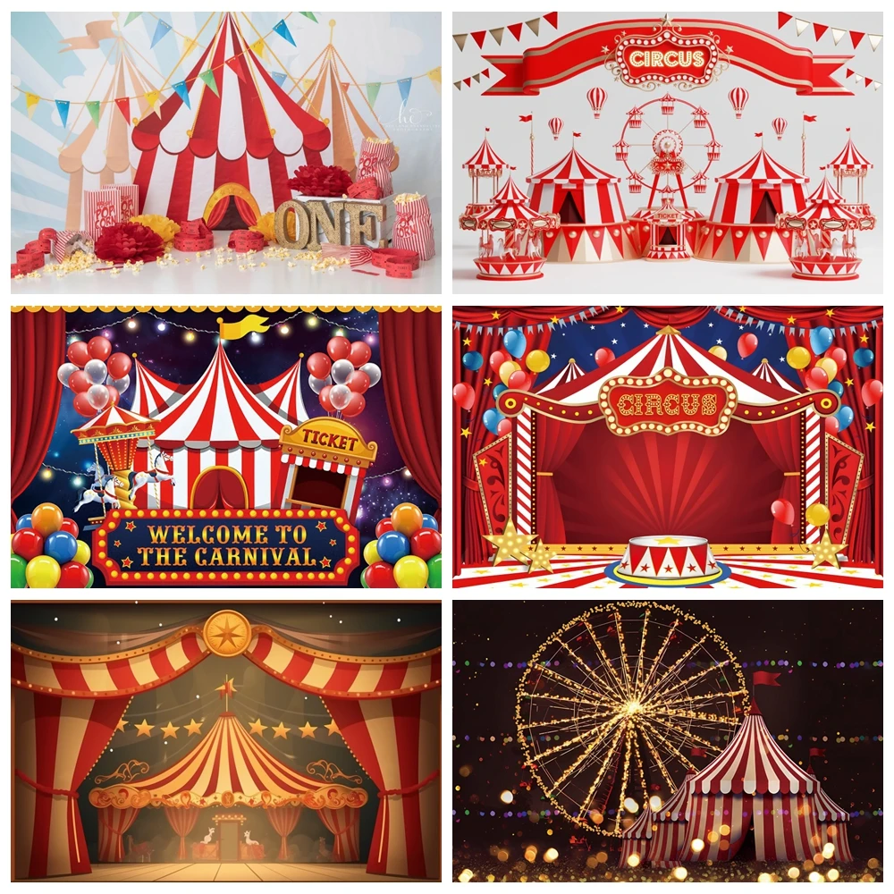 Circus Theme Backdrop Red Tent Ferris Wheel Carousel Hot Air Balloon Baby Birthday Party Photography Background Decor Photo Prop