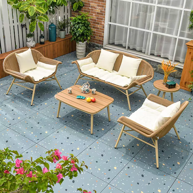 

Commercial Outdoor Aluminum Wood Sofa Set Rattan Rope Chairs Beach Villa Balcony Garden Patio Park Courtyard Farmhouse Apartment