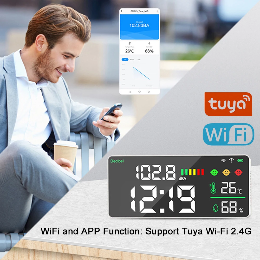 Tuya WiFi Decibel Meter 4in1 Temperature Humidity Decibel Test 11inch LED Intelligent Linkage APP Control Noise Decibel Meter