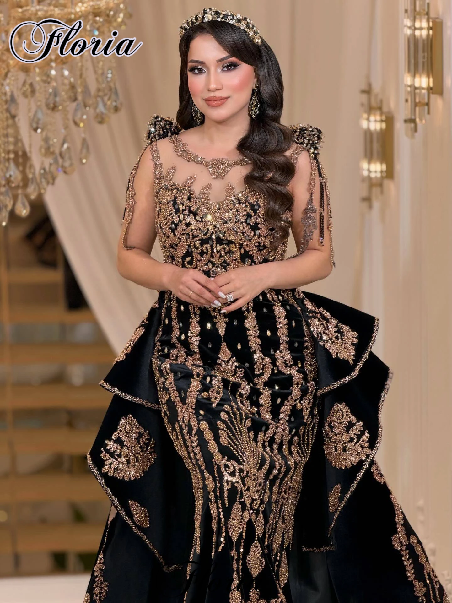 Vintage Beaded Celebrity Dresses With Detachable Train Sheer Neck Sleeveless Evening Dress Mermaid Vestidos De Noche Customized