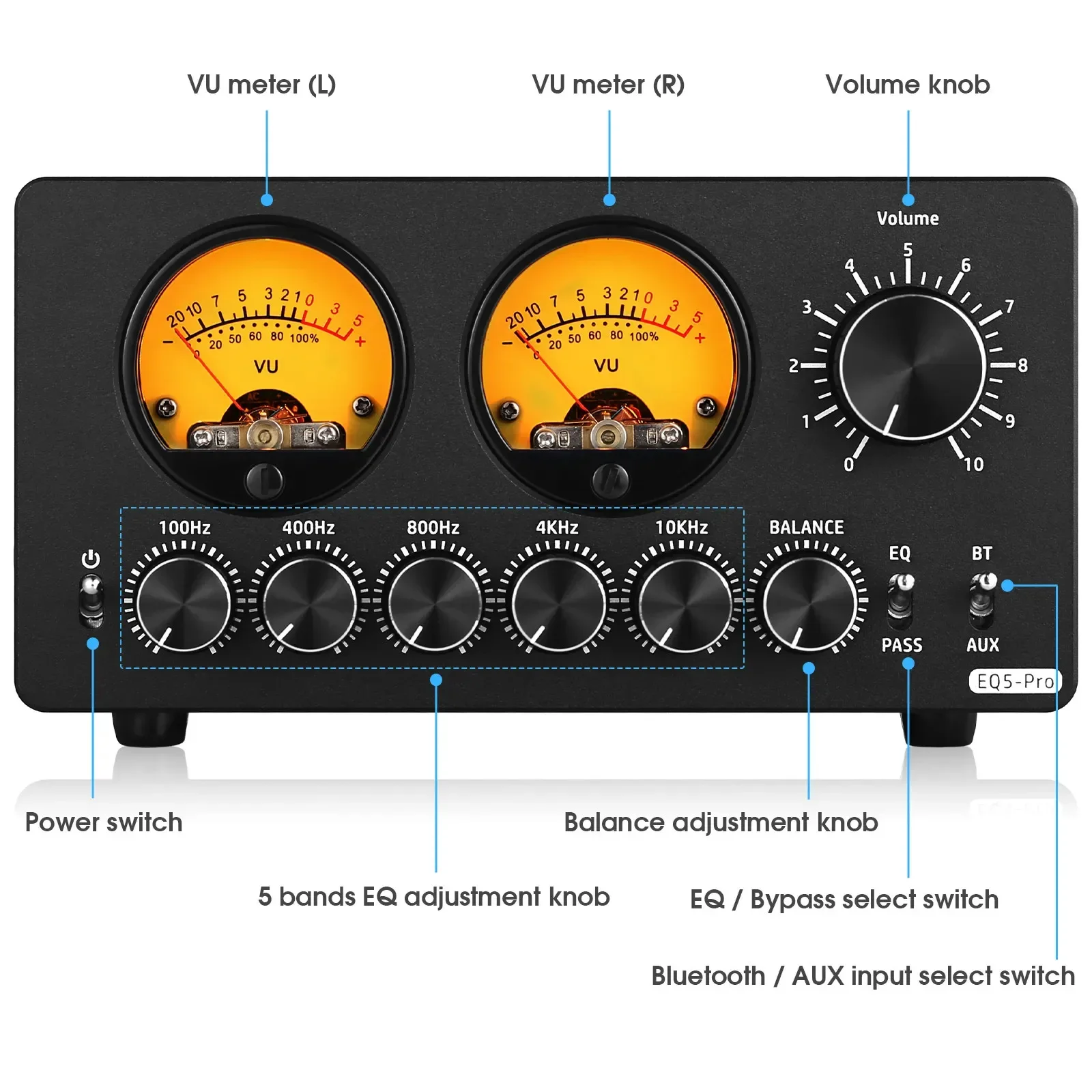 AUX Analog Audio Processor for Speaker/Amplifier with VU Meter EQ5 PRO Bluetooth 5-Band Preamp EQ Equalizer 3.5mm