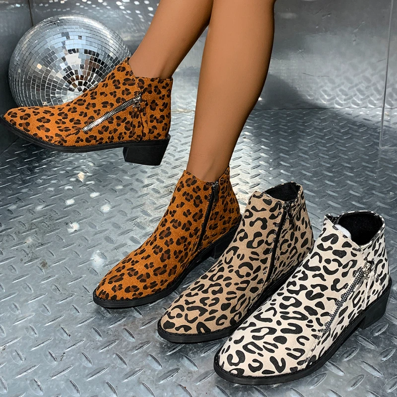 2024 Outdoor Comfortable Zip Women Boots Autumn Pointed Toe Leopard Print Short Barrel Block Heels Naked Boots Shoes for Women