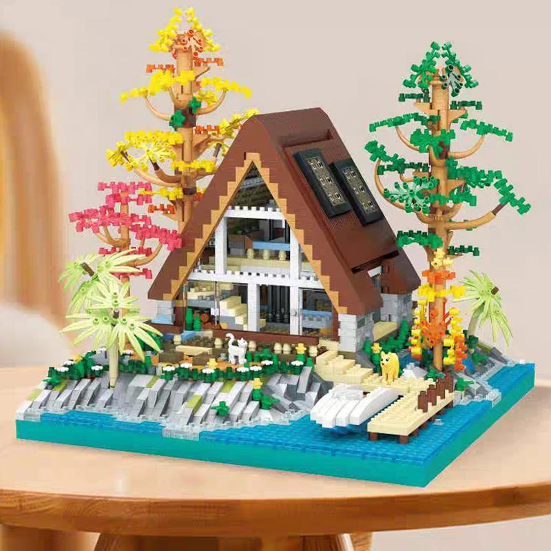 LHCX 617 العمارة العالمية الثلاثي المقصورة مركز جزيرة بحيرة شجرة زهرة العشب كتل الماس الصغيرة الطوب بناء لعبة لا صندوق