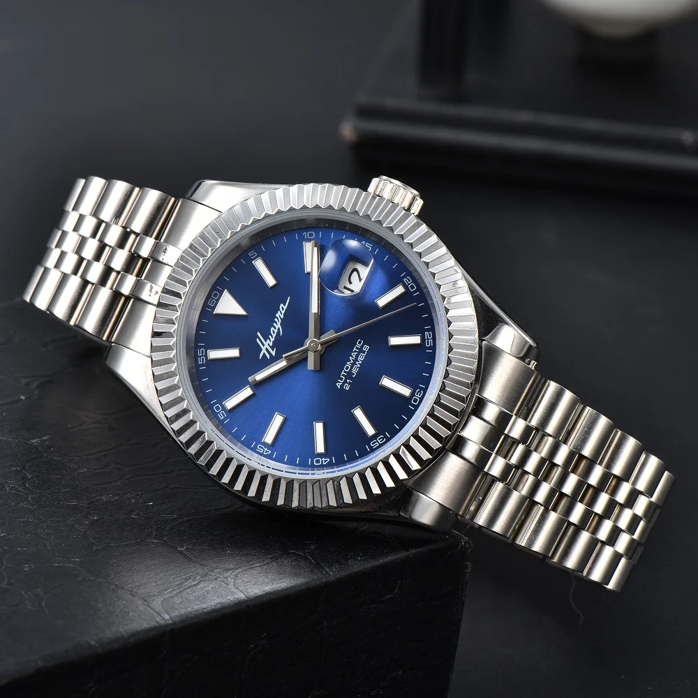 HUAYRA Fashion Luxury Automatic Machinery quadrante blu orologio in acciaio inossidabile per il tempo libero calendario impermeabile orologio da uomo fibbia pieghevole