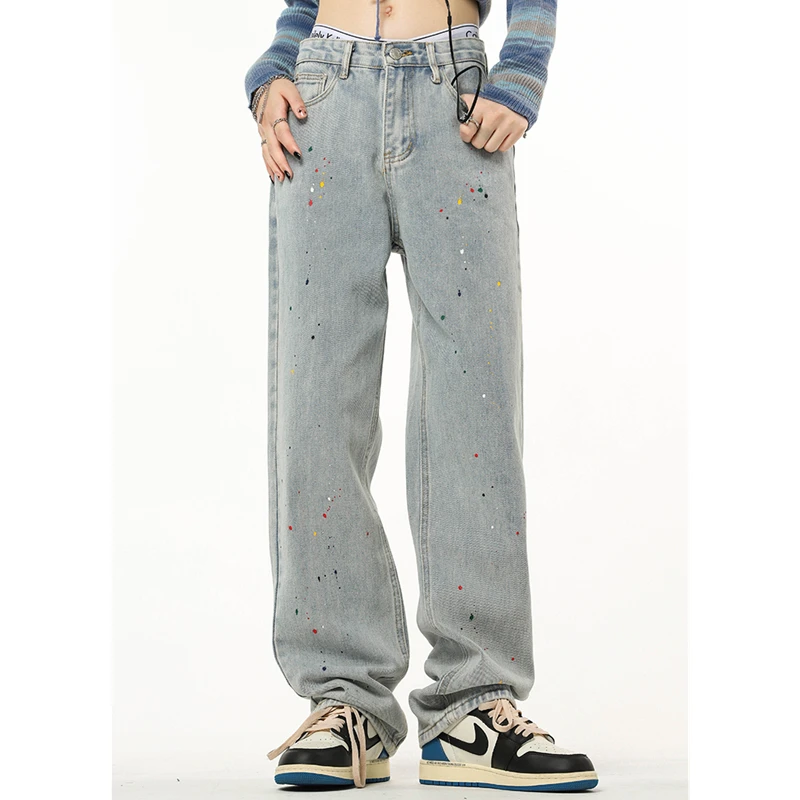 Vintage Blue High Waist Women Jeans Graffiti American Fashion Streetwear Wide Leg Jean Female Winter Trouser Baggy Denim Pants