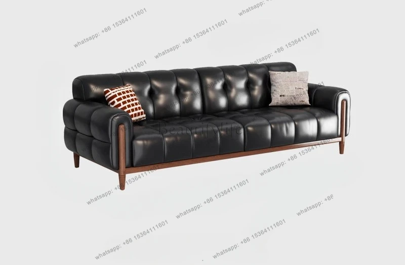 

Retro leather sofa first layer cowhide living room straight row French medium antique black