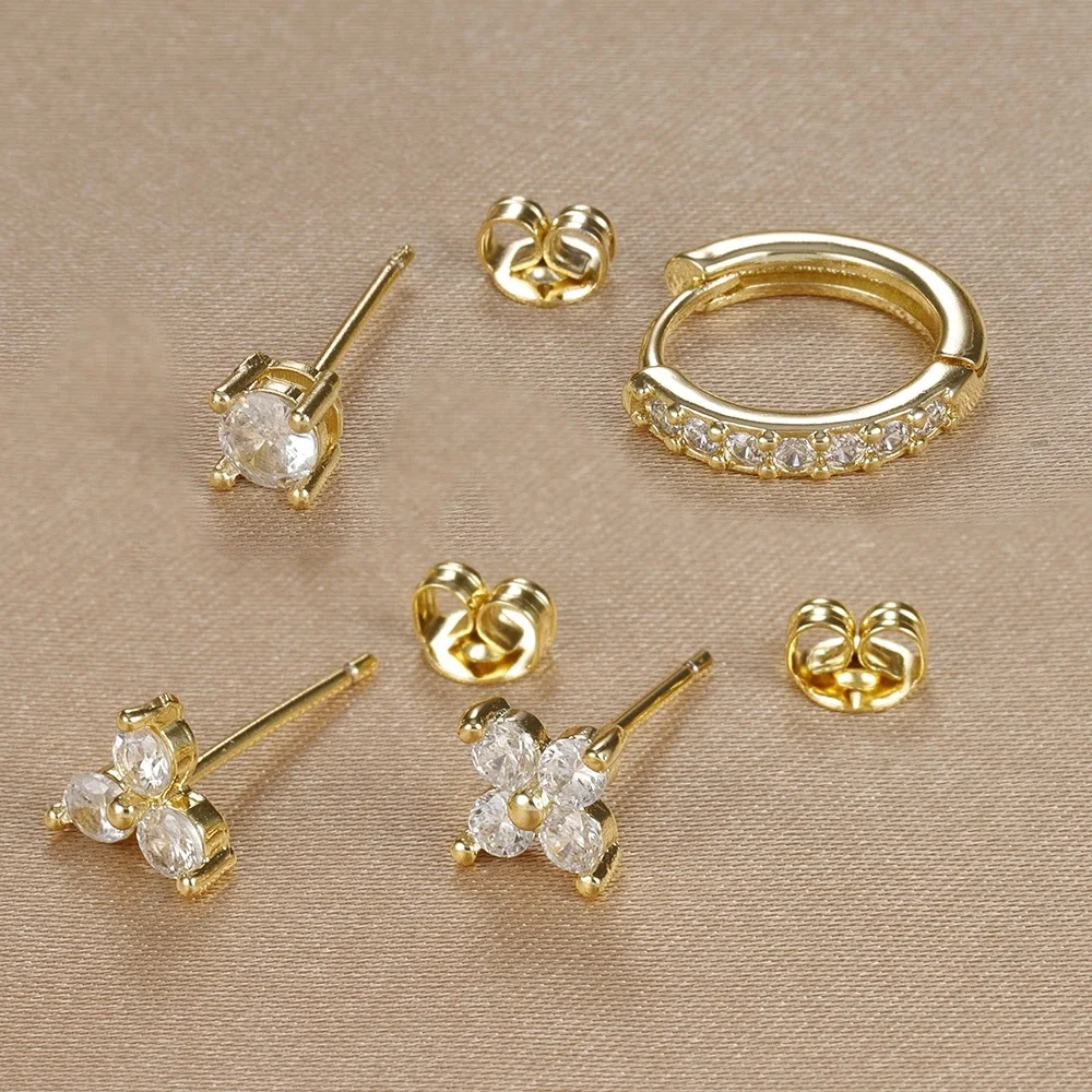 4PCS 18K Gold Plated Flower Round Piercing Earrings Set For Women Stainless Steel Zircon Punk Stud Earring Trendy Jewelry aretes