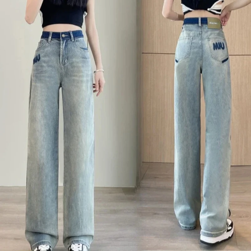 Broek met rechte pijpen Hoge taille Shot Damesjeans Letter Cowboybroek voor dames A Uitgerekt Z Esthetisch Goede kwaliteit Zomer R