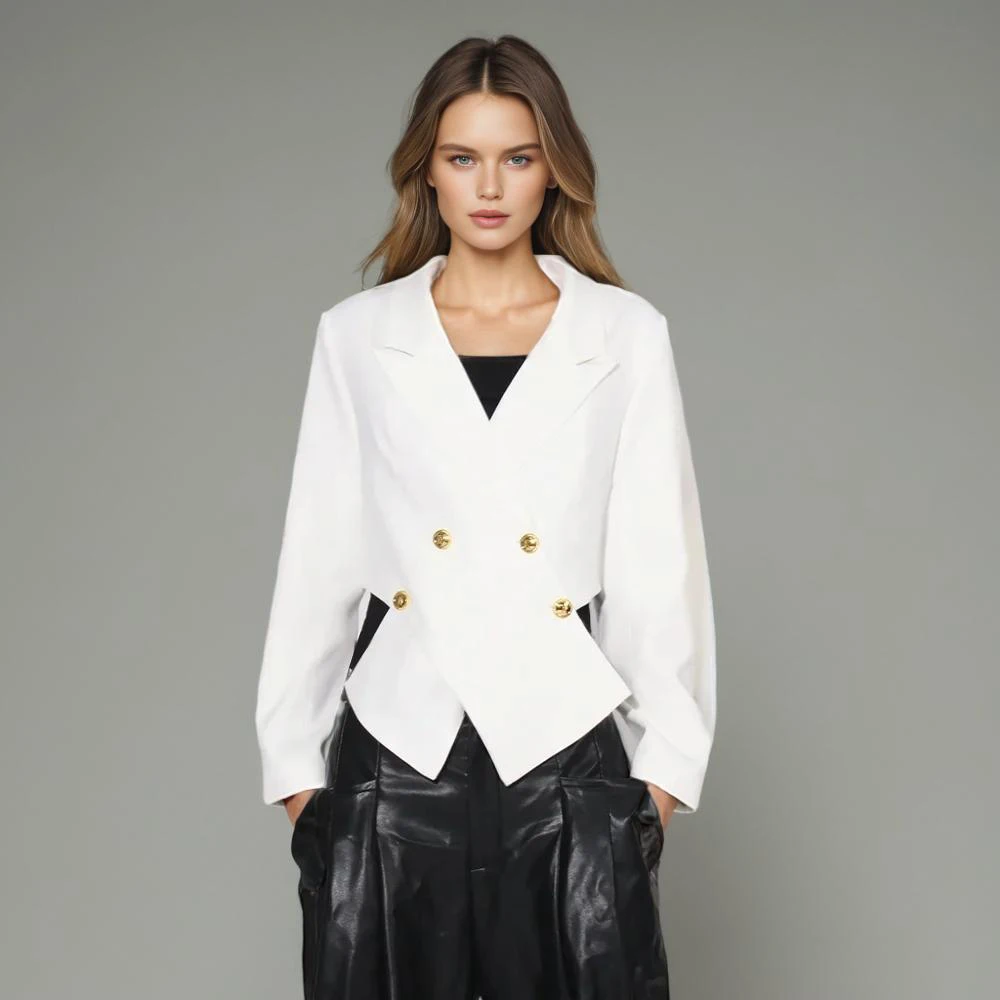 

Solid Spliced Button Casual Blazers For Women Notched Collar Long Sleeve Minimlaist Irregular Short Blazer Female Fashion