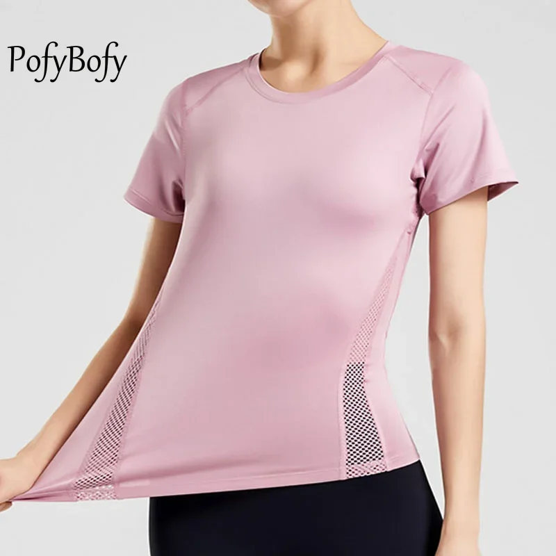 

PofyBofy Breathable Mesh Splicing Reflective Strip Back Quick Dry Stretchy Women Short Sleeve T-shirt Yoga Gym Running Sport Top