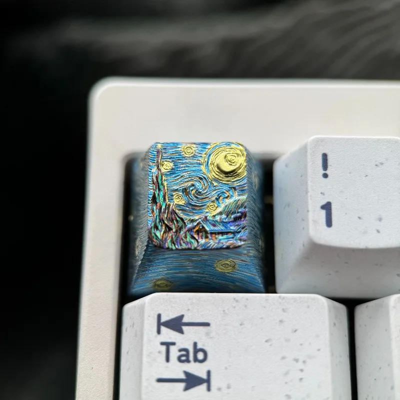Van Gogh The Starry Night Titanium Alloy Artisan Keycap, 3D Hand Carved ESC Key Cap Custom Metal Keycap for Mechanical Keyboard