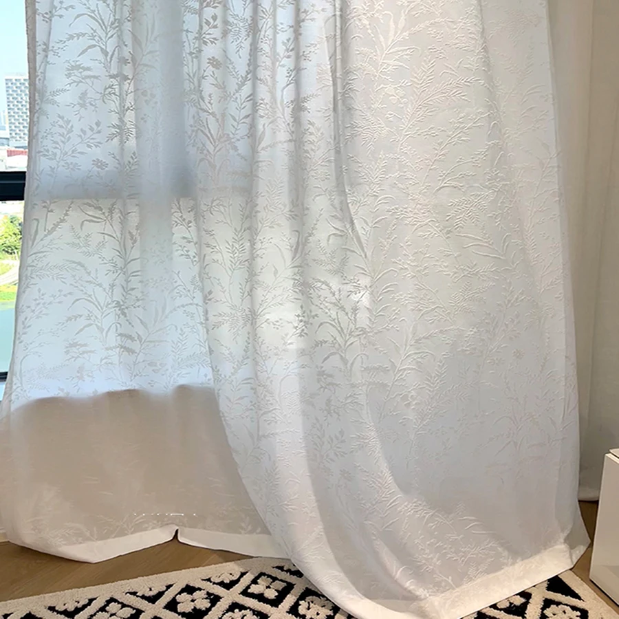 Vintage French White Relief Plants Tulle Curtains, Jacquard Embossed Design Thicker Opaque Sheer for Bedroom, Living Room Decor