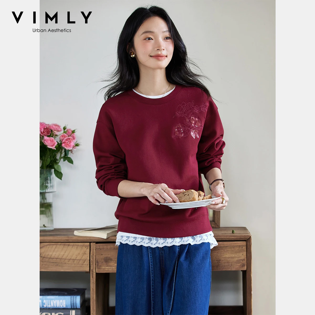 VIMLY Sweatshirts Women Knitted Bead Embroider Casual Crew Neck Loose Tops Ladies Long Sleeve Female Sweater Autumn 2025 A2171