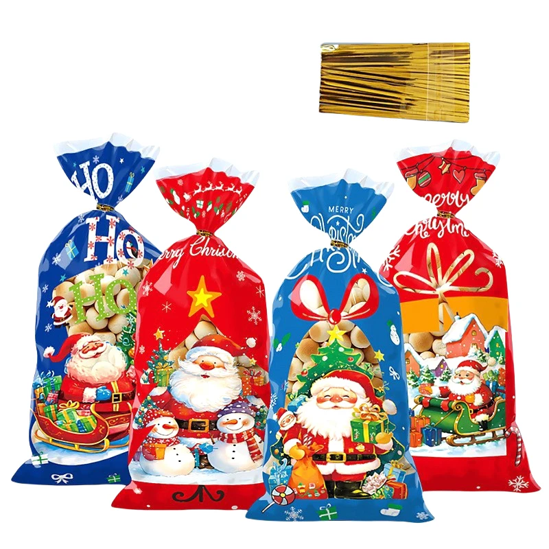 50 pezzi serie natalizia sacchetti di caramelle con cravatte 2024 sacchetti di imballaggio di biscotti di Natale sacchetto regalo di pupazzo di neve di Babbo Natale decorazioni natalizie