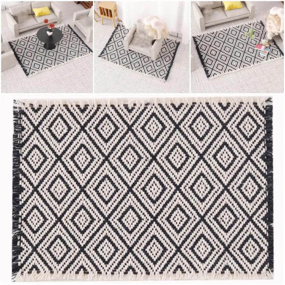 1/12 Schaal Dollhouse Miniatuur Tapijt Zwart-wit Diamant Patroon Poppenhuis Deken Accessoires Rand Kwastje Scène Model Tapijt