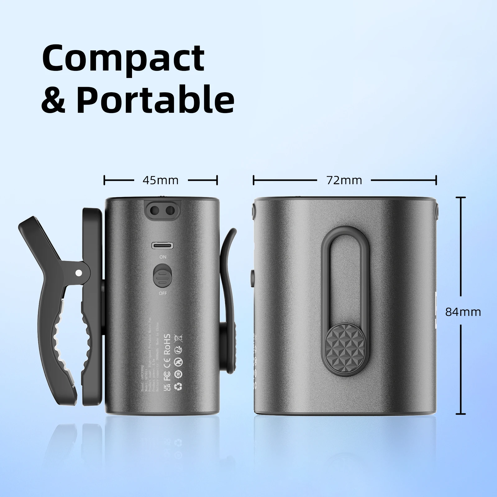 3600mAh Waist Fan with Wind Speed 11m/s, Running Time 9 Hours, 360° Adjustable 100 Levels Suitable for Outdoor Travel Stroller