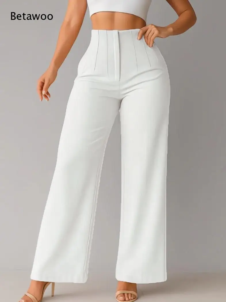 High Waist Wide Leg Pants Vertical Front Stitching Detail Hidden Zip Closure for Commute Party Dates and Daily Outfits