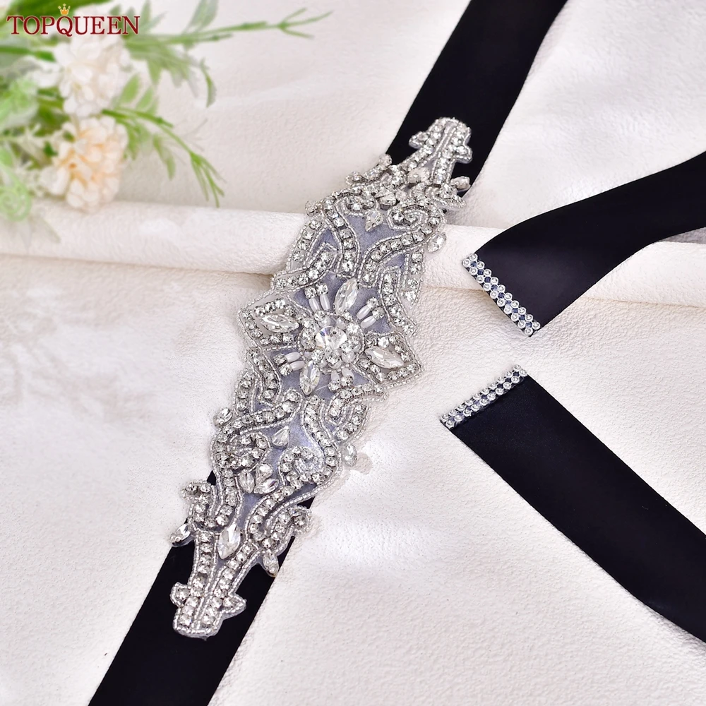 TOPQUEEN Cintura da sposa Argento Strass Appliques per abiti Cintura da sposa Abito da sposa Cintura da donna lucida Cintura araba S26