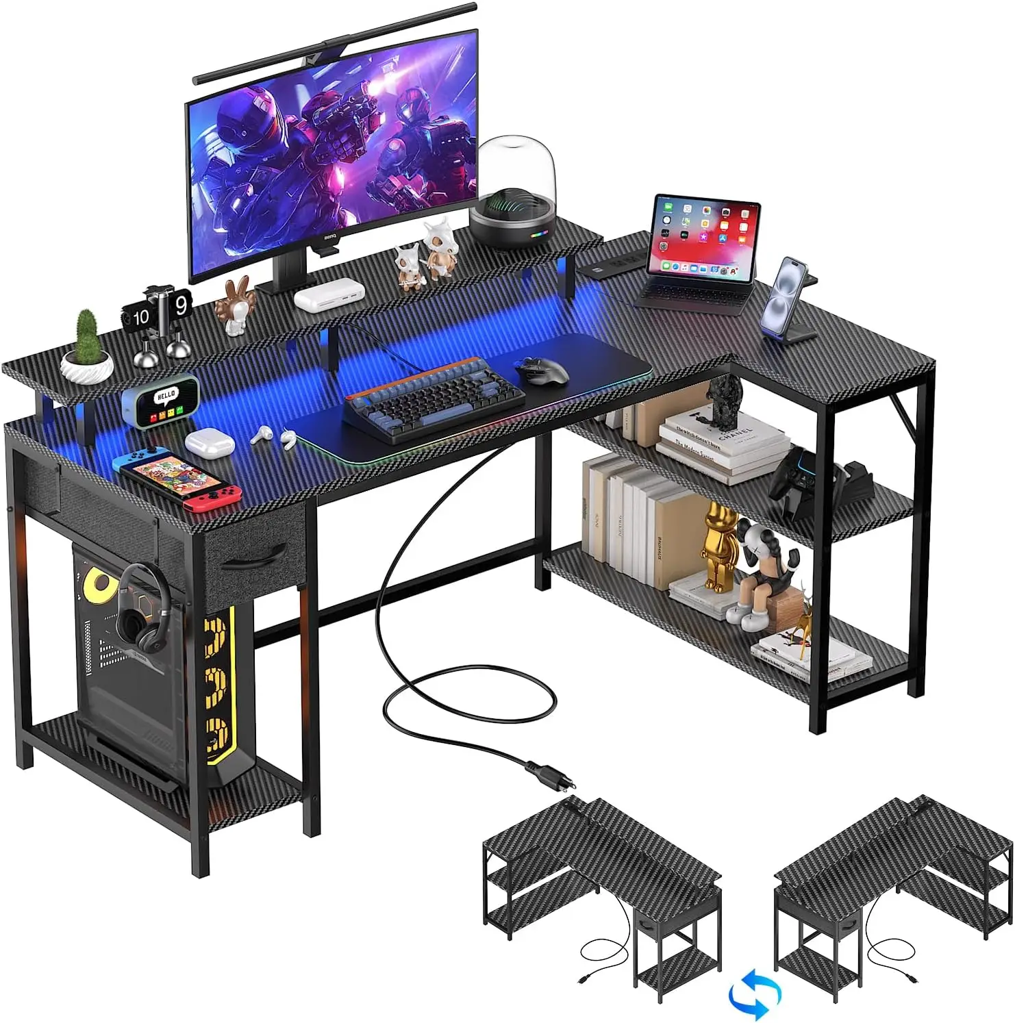 

47 inch Gaming Desk with USB Charging Ports and LED Light, Reversible L Shaped Desk, L Shaped Desk with Hook & Monitor Stand