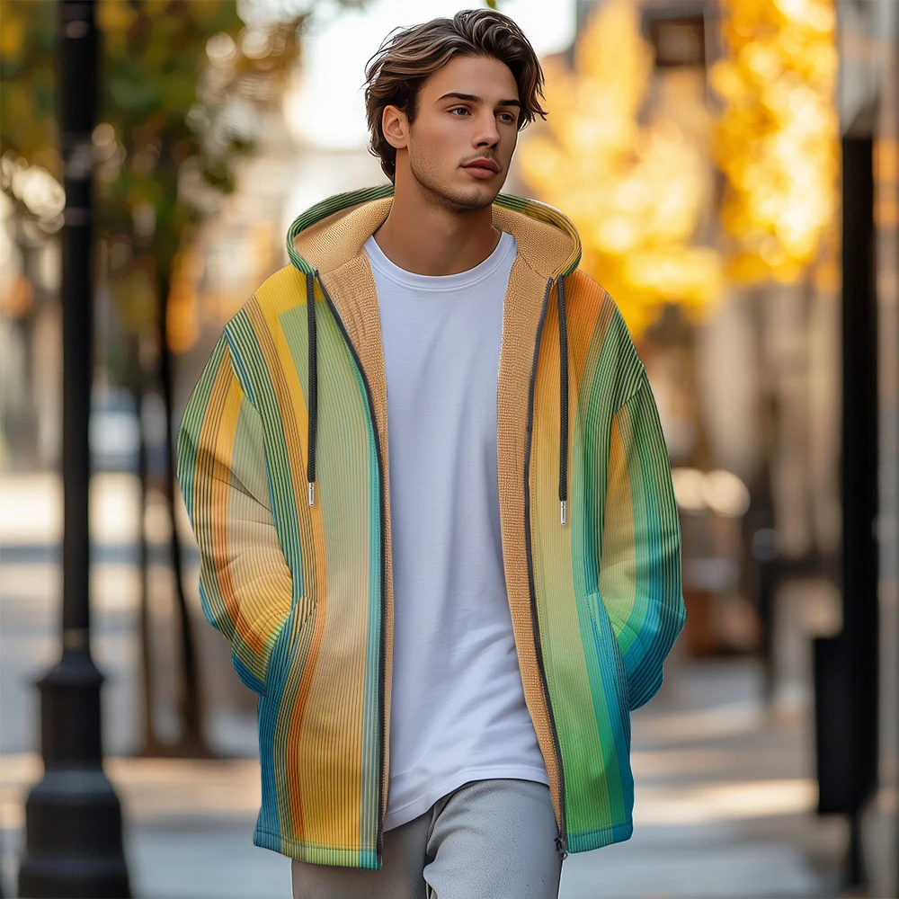 Ropa de invierno para hombre, abrigos de plumón, chaqueta acolchada de algodón con diseño degradado verde y naranja, cremallera con bolsillo y estampado de plumas, novedad