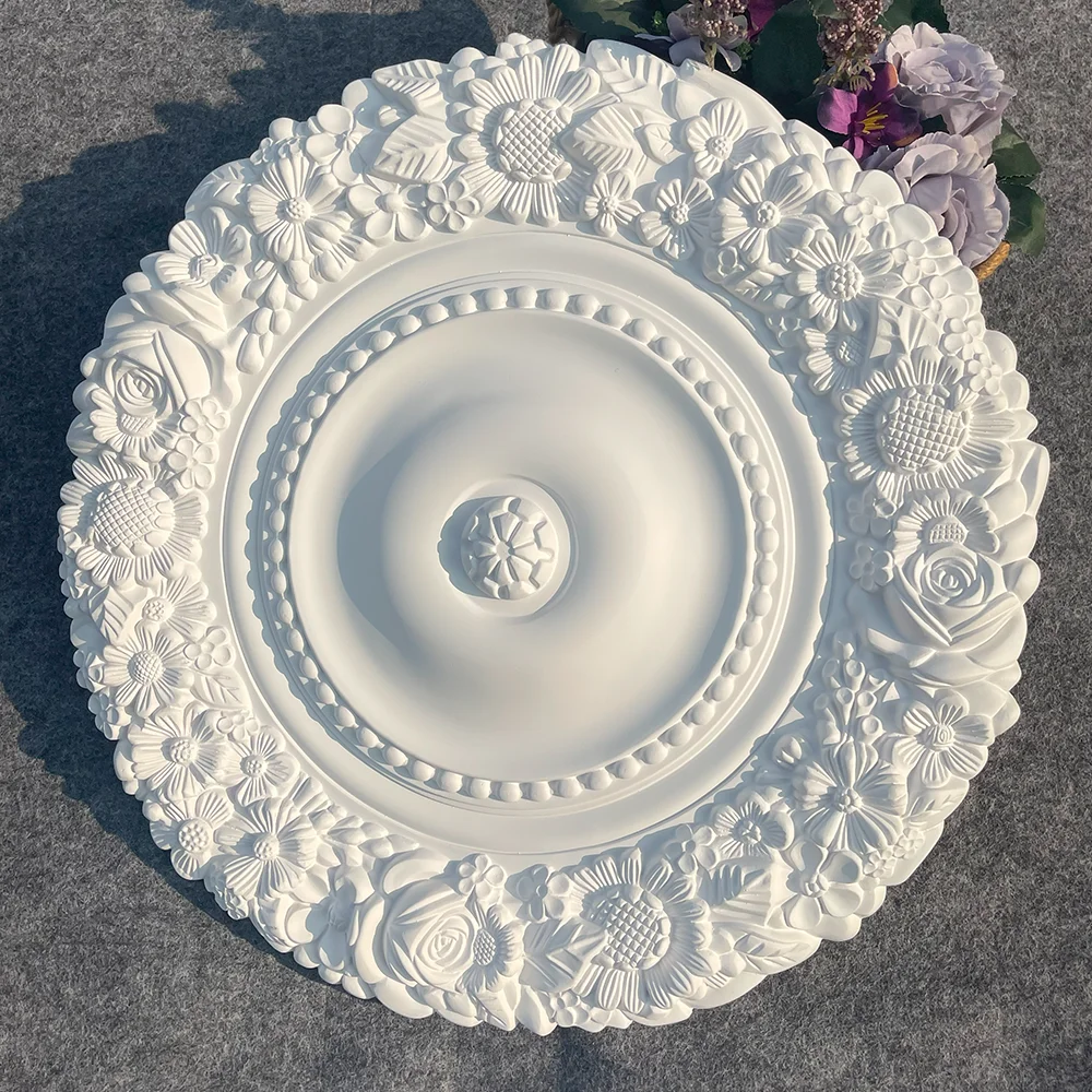 

Luxury Carved PU Gypsum Imitation Ceiling Light Disc Round Polyurethane Lamp Tray Vintage Style for Villa Lobby Interior Wall Ce