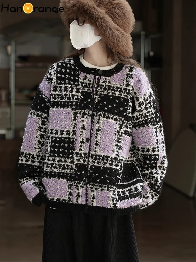 HanOrange 2025 الشتاء الرجعية الفن كتلة التباين قصيرة رداء علوي من الصوف المرأة فضفاضة قمة الموضة الأرجواني #1