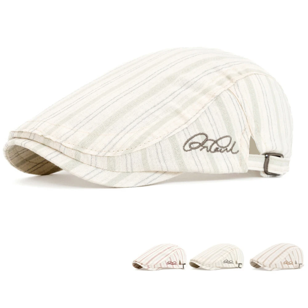 

HT4814 Mens Beret Women Vintage Striped Caps for Summer Artist Beret Hat Adjustable Ivy Flat Cap Male Female Plus Size Beret Cap